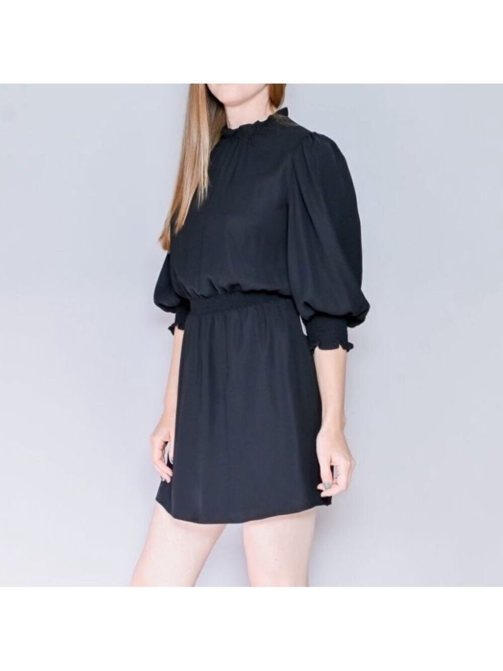 Amanda Uprichard Vista Smocked Ruffle Long Sleeve Mini Dress Black size small